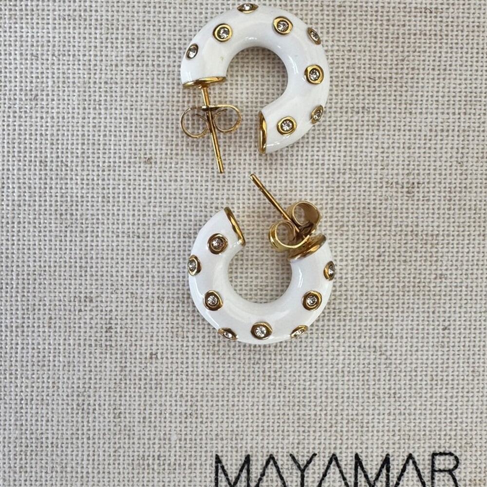 Mayamar White Enamel CZ Hoop Earrings 24K Gold Plated NIB